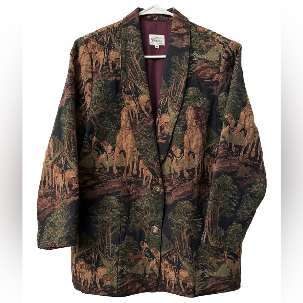 Vintage 1980s Womens Equestrian Fox Hunt Tapestry Blazer RARE Made USA Sz Medium